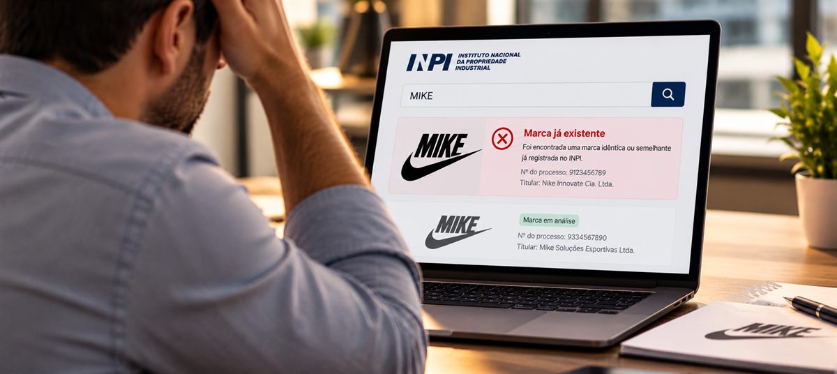 Consulta de marca no sistema do INPI mostrando colidência com um registro anterior, na tela do notebook