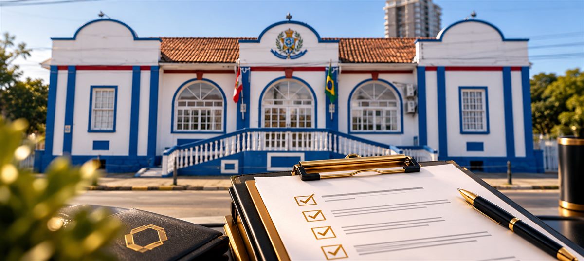 Prancheta com checklist de abertura de empresa diante do prédio histórico da Prefeitura de Penha
