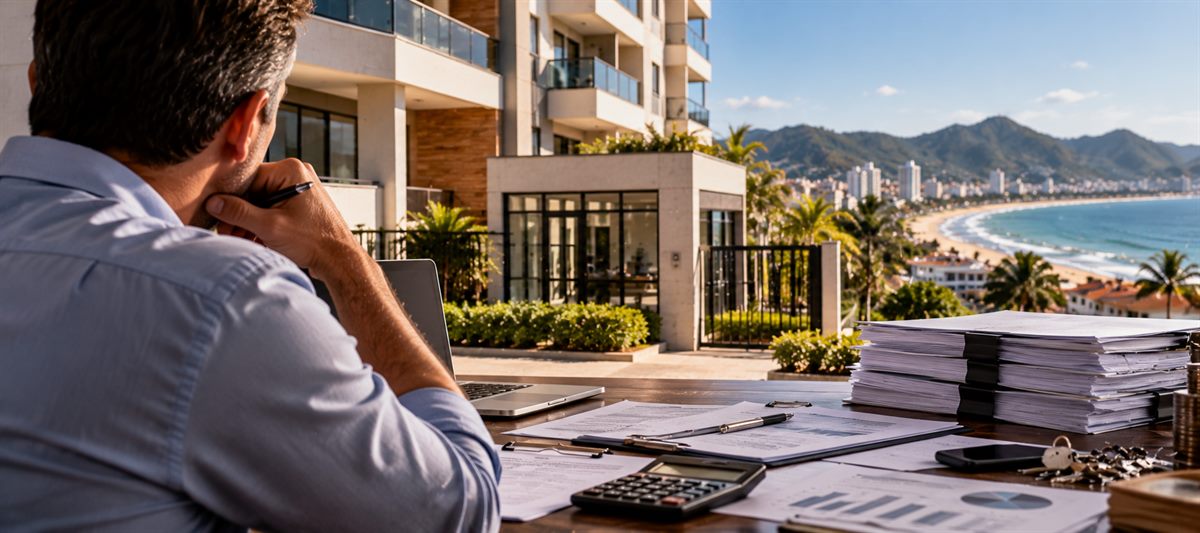 Síndico diante de prédio residencial à beira-mar, com pilhas de prestação de contas e chaves sobre a mesa