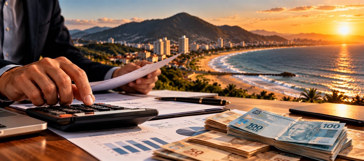 Mãos sobre calculadora e gráficos ao lado de maços de reais, com a praia do Litoral Norte ao fundo