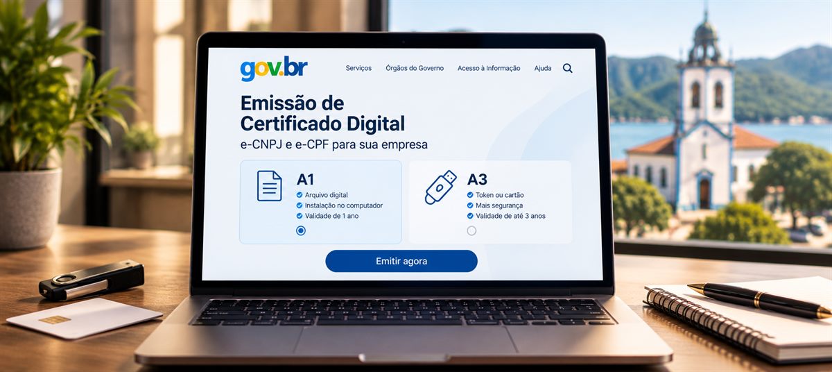 Tela de emissão de certificado digital com as opções A1 e A3 lado a lado e o token sobre a mesa