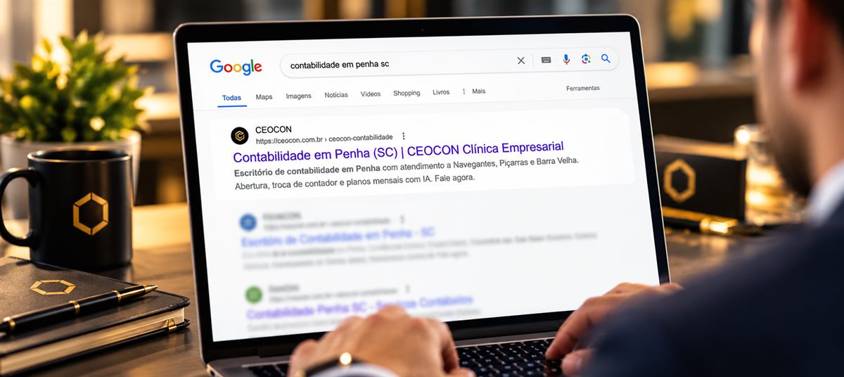 Busca por escritório de contabilidade em Penha SC aberta no notebook, com a lista de resultados na tela