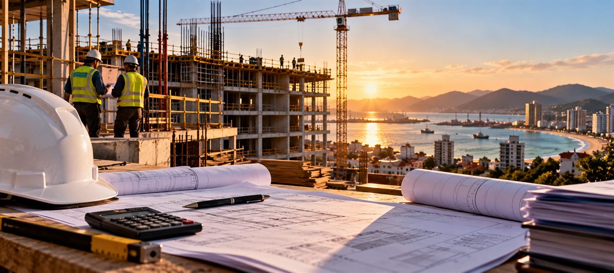 Canteiro de obra à beira-mar com guindaste e operários, planta e capacete sobre a mesa do engenheiro