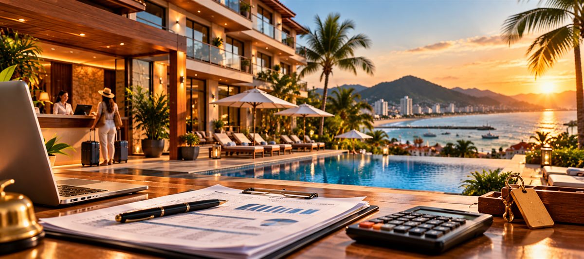 Balcão de check-in de pousada à beira-mar ao pôr do sol, com prancheta e calculadora sobre o tampo