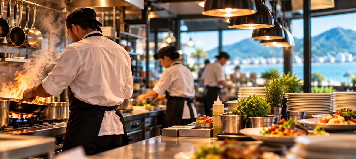 Cozinha de restaurante em plena operação, com o chef no fogão e vista para o mar do Litoral Norte