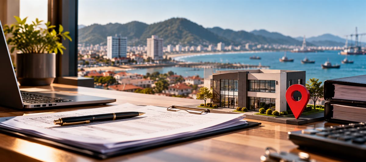 Maquete de prédio comercial com marcador de localização sobre mesa de escritório, com o litoral ao fundo