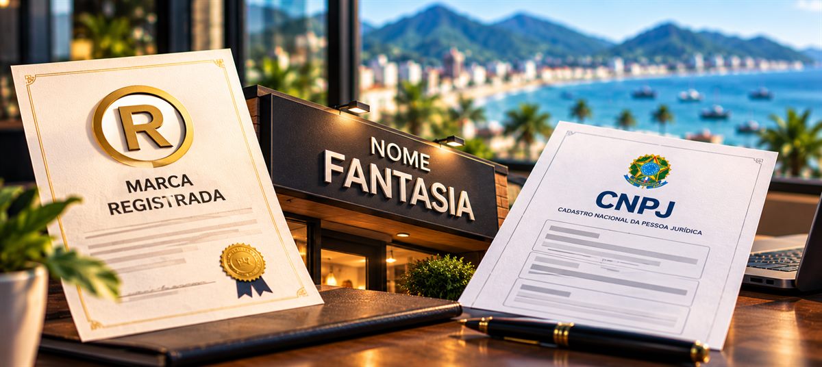 Certificado de marca registrada, placa de nome fantasia e cartão de CNPJ lado a lado sobre o balcão