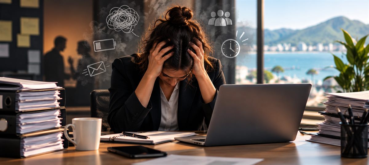 Funcionária com as mãos na cabeça diante de pilhas de processos, retratando sobrecarga e risco psicossocial no trabalho