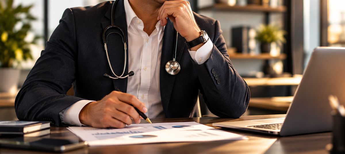 Consultor de terno com estetoscópio sobre o ombro analisando o relatório de diagnóstico da empresa