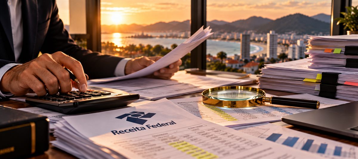 Documentos da Receita Federal, calculadora e lupa sobre a mesa durante revisão fiscal dos últimos cinco anos