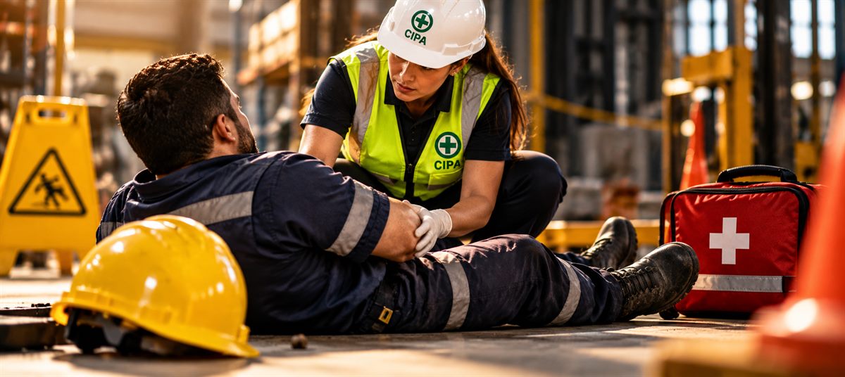 Técnica de segurança do trabalho socorre funcionário acidentado em obra, com kit de primeiros socorros e capacete ao lado
